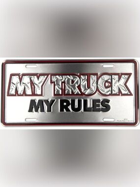 Metallic Silver and Red 'My Truck, My Rules” License Plate—New